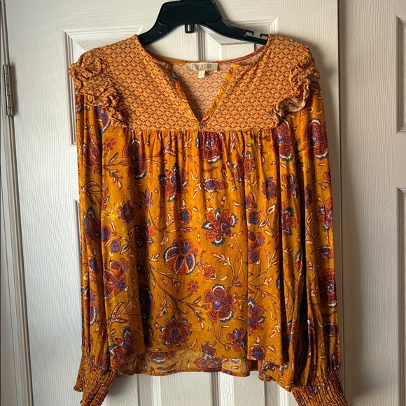 Farmers Market Tops - Farmers Market Golden Mustard Floral Smocked Yoke Blouse large